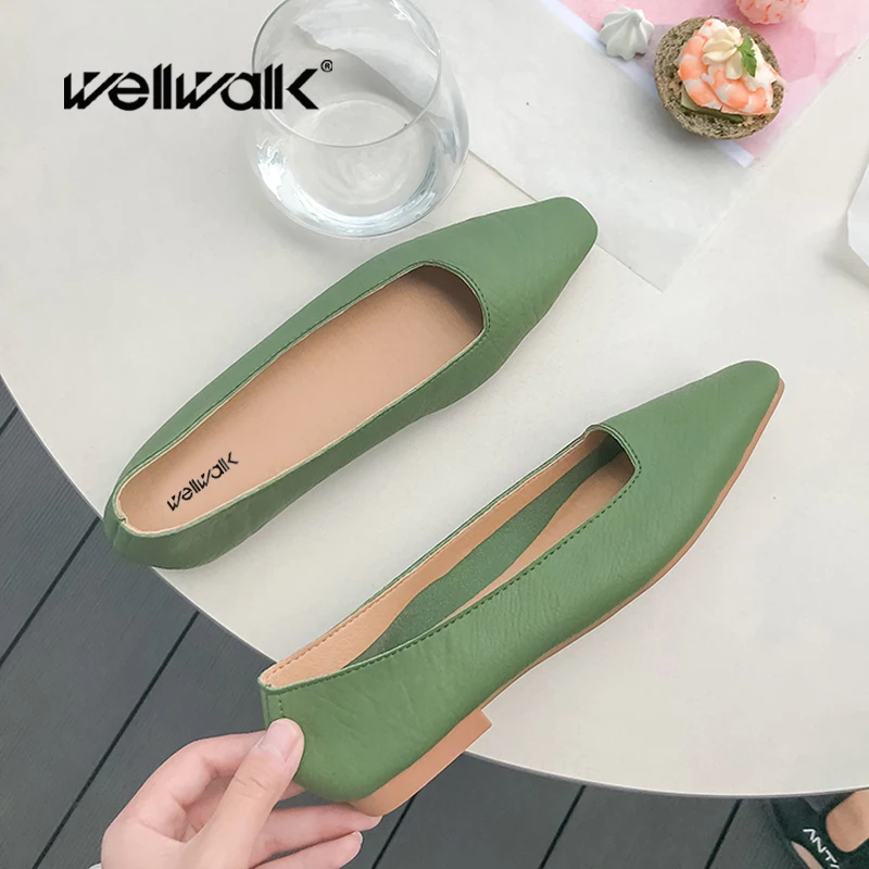 

Wellwalk Korean Styles Shoes Woman Flats Ballerinas Ladies PU Leather Shoe Women Ballet Flats Square Toe Female Summer Loafers