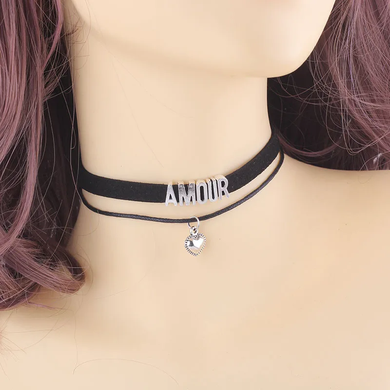 

Fashion CRAZY AMOUR SMILE letters id women Choker heart Charm Pendant Velvet handmade Collar Necklaces for women chain Jewelry