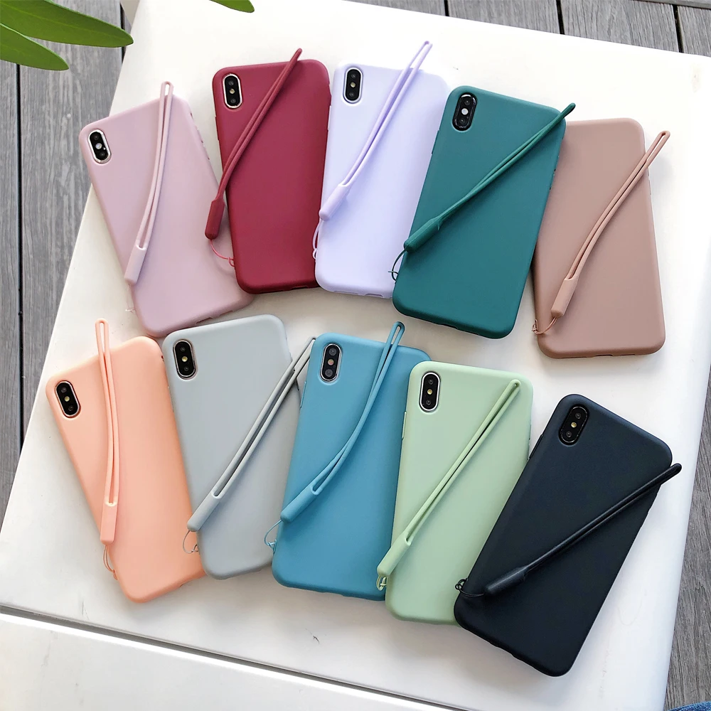 

Candy Color Soft Silicone Phone Case For iphone X XS Max XR Case For iphone 7 8 6 6s Plus Solid Color TPU Back Cover +lanyard