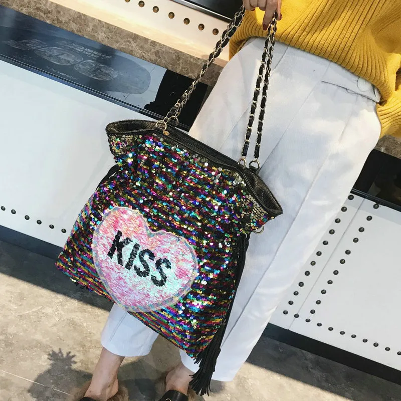 Rdywbu Блестками Блестящие Цепочки Сумка-тоут сумка Для женщин Лазерная поцелуй с вышитой надписью сумка через плечо в виде сердца Ленточки дорожная сумка B177