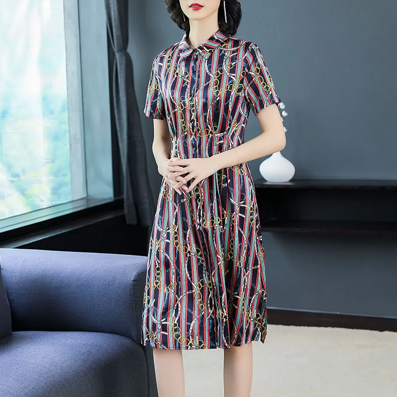

Purple Dress Silk Plus Size Women Elegant Party Night Dresses 2019 Summer Button Turn-down Collar Striped Print Floral Clothing