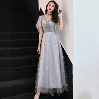 

Party Dress Women Gray Stars Embroidery Starry Maxi Dresses 2019 New Summer Beach Sexy Slim Banquet Dress Vestidos Feminina JD76