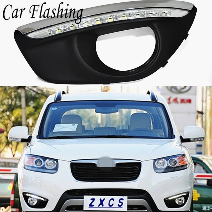 

2 Pcs DRL For Hyundai Santa Fe Santafe 2010 2011 2012 LED DRL Daytime Running Lights Daylight Fog light cover car styling lamp