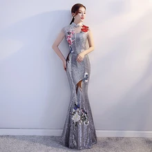 Серый воротник Мандарин леди полная длина Qipao цветок элегантный сценическое шоу Cheongsam Sequins сексуальное платье Русалка вечернее платье