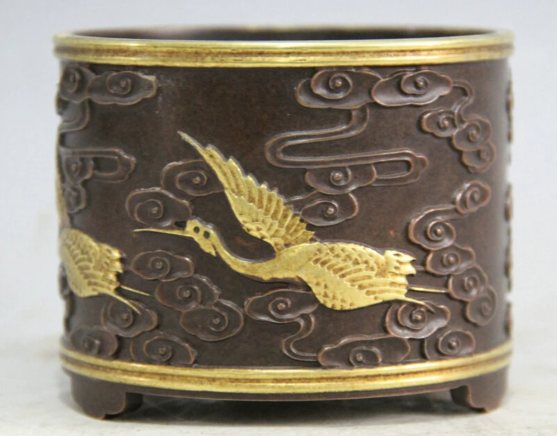 

Elegant old S6010 4" Marked Chinese Bronze Gild Folk red-crowned crane Bird Brush Pot pencil vase statue (A0322) A0403