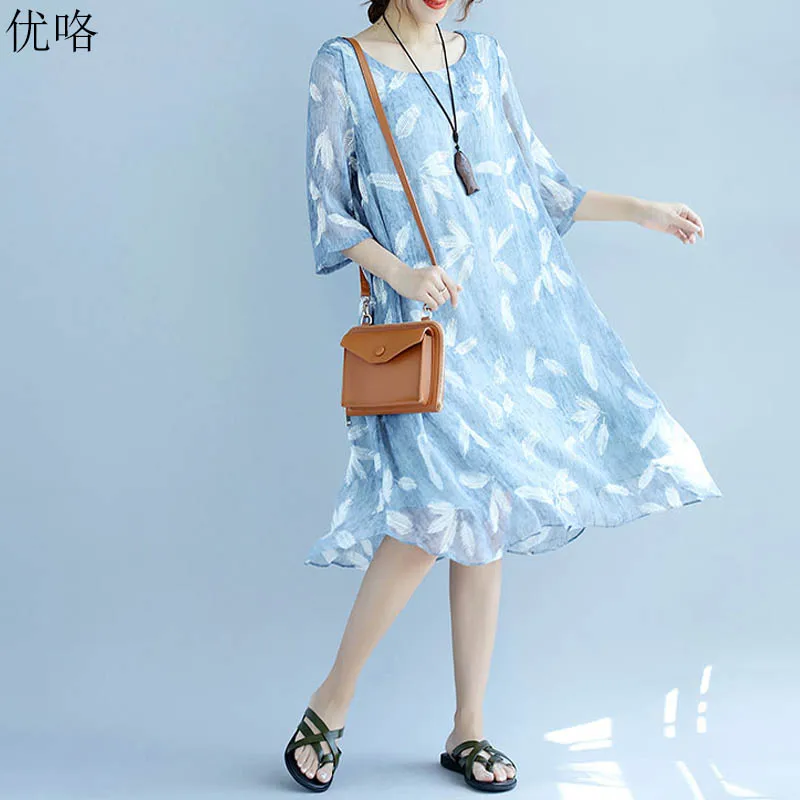

Plus Size Women Art Feather Print Dress Summer Vintage Loose Short Sleeve Beach Dress Big Size Long A Line Dresses 2019 Sundress
