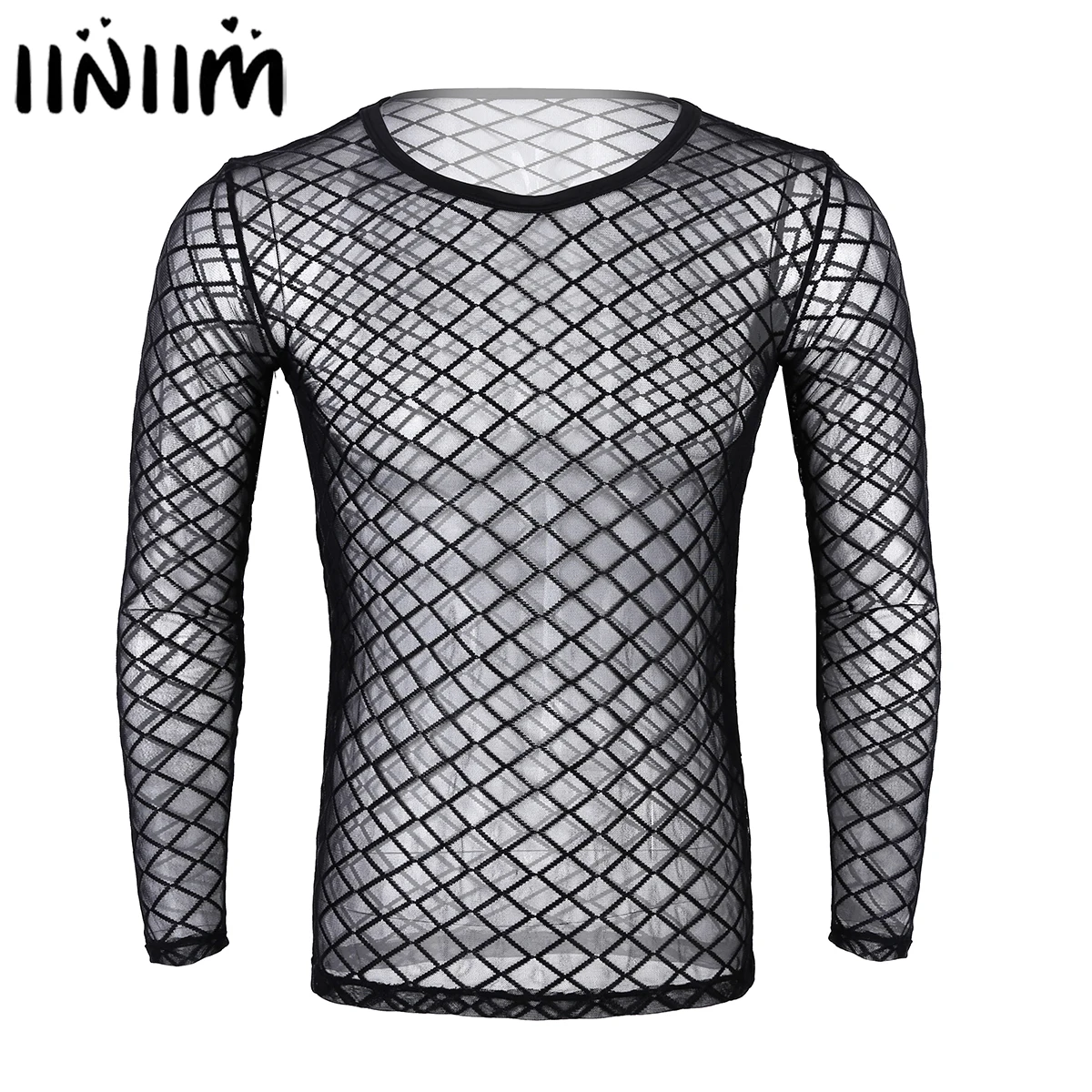 

Mens T-Shirt See-Through Fishnet Sheer Long Sleeve Pullover Transparent Muscle Show Party Clubwear Undershirt Workout Clothing