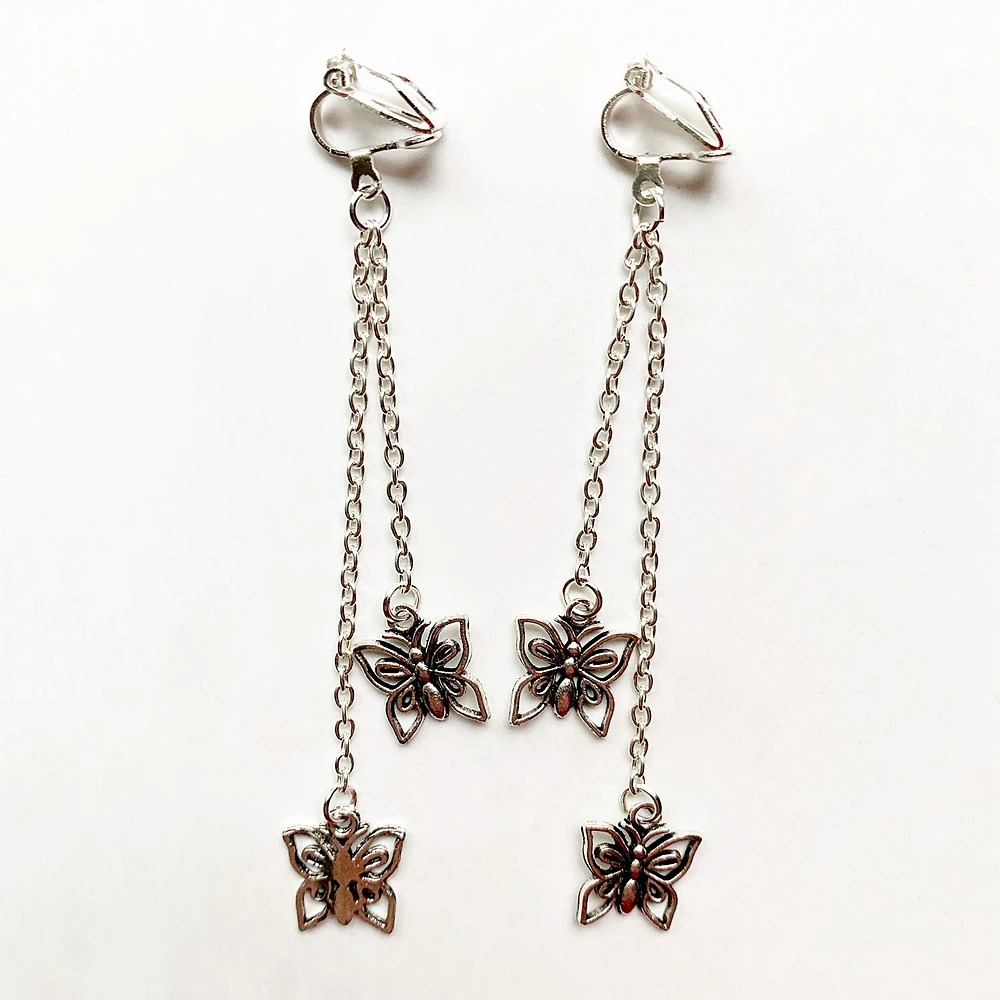 NEW. A PAIR OF DANGLY TIBETAN SILVER PINK BEAD  BUTTERFLY EARRINGS