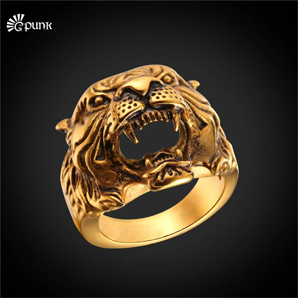 316L stainless steel antique tiger ring for men 2017 unique design gold color mans ring animal jewelry R2466G