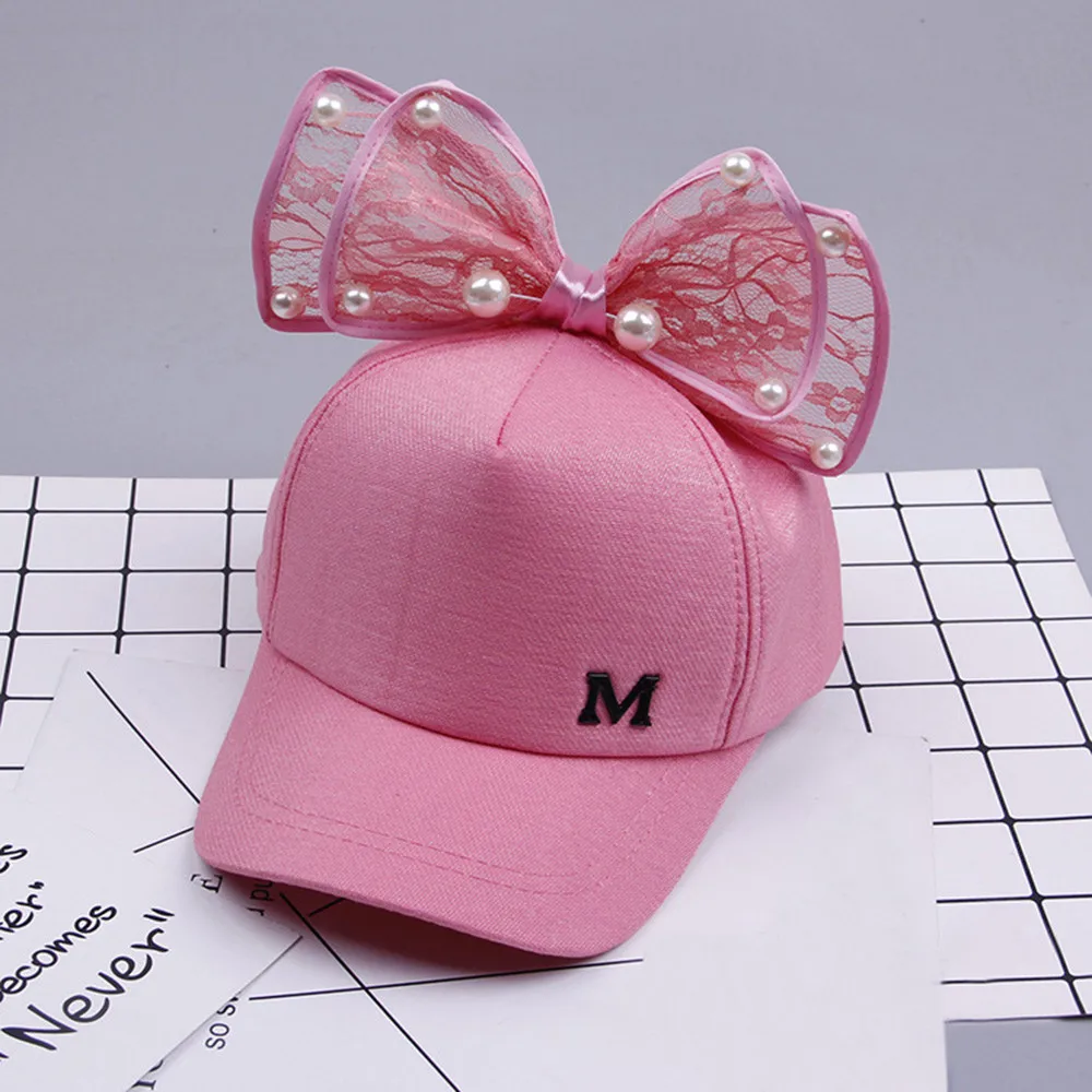 Милая Детская шляпка с жемчужным бантом Bongrace, пиковая бейсбольная Кепка от солнца, детская чалма, шляпа для фотосъемки, новые детские шапки - Цвет: Hot Pink