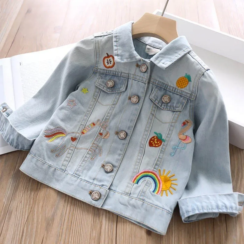 

children jackets for girls coat Denim baby outerwear kids clothes embroidery rainbow fashion children's clothing boutiques