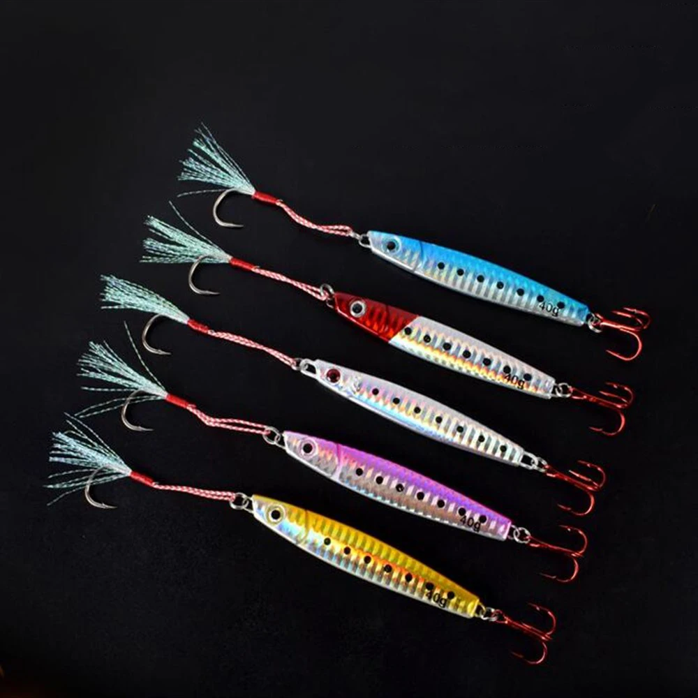 5PCS/Lot 5 Colors Ocean Boat Fishing Metal Jig Lure Luminous Hard Baits Laser Iron Lead Fish with Red Treble Hook | Спорт и
