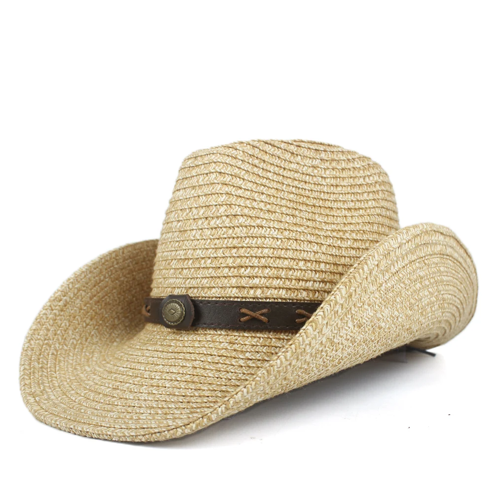 Women's Men's Summer Straw Beach Wide Brim Cowboy Western Cowgirl Hat Sombrero Hombre Beach Cowgirl Jazz Sun Hat - Цвет: Khaki