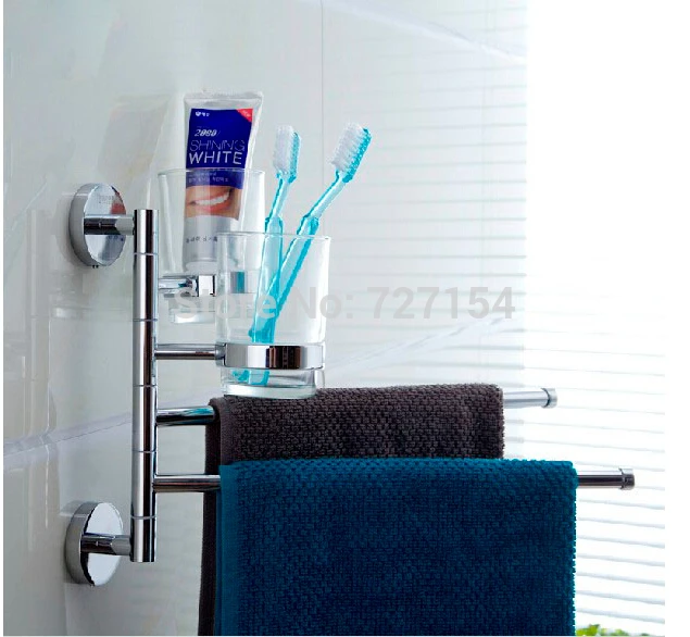 

Free Shipping! Multi-function Chrome Bathroom Toothbrush Cup Holder Dual Towel Bars Wall Mount