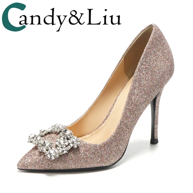 Wedding Shoes Women Bride S Shallow Light Pink Sequins Square Buckle Wedding Shoes Women Bride S Shallow Light Pink Sequins Square Buckle Crystal Stone Female High Heels 6cm
