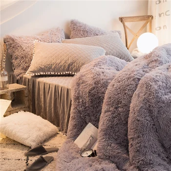 

Gray Pink Red White Purple Princess Girls Fleece Fabric Bedding set Bed set Mink Velvet Duvet cover Thick Bed Skirt Pillowcases