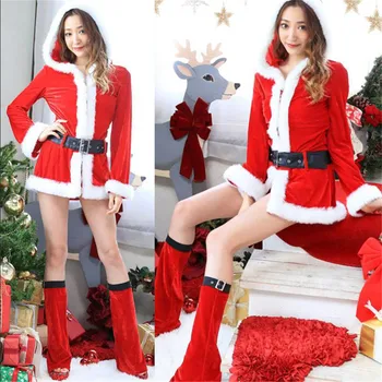 

Christmas Dress Women Christmas Costume For Adult Red Velvet Fur Dresses Hooded Sexy Female cosplay Santa Claus Costume