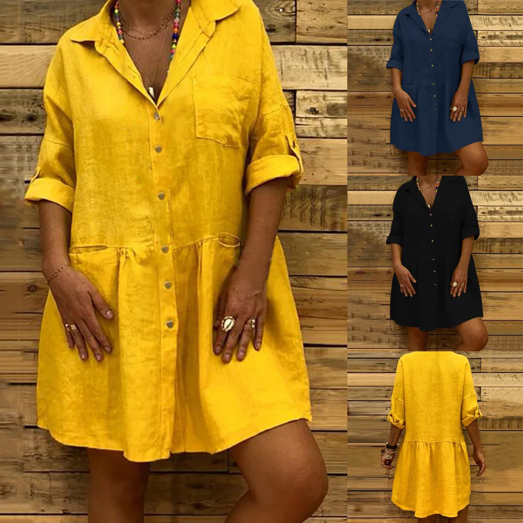 

2019 Spring and Summer Women's New Linen Long Version Shirt Dress Lapel Doll Skirt Cute Style