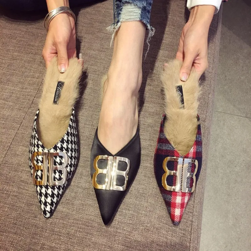 

2019 Summer Luxury Mules Casual Lady Slippers Slip On Pointed Toe Women 5cm Low High Heels Shoes Fashion Woman Fur Fetish Slides