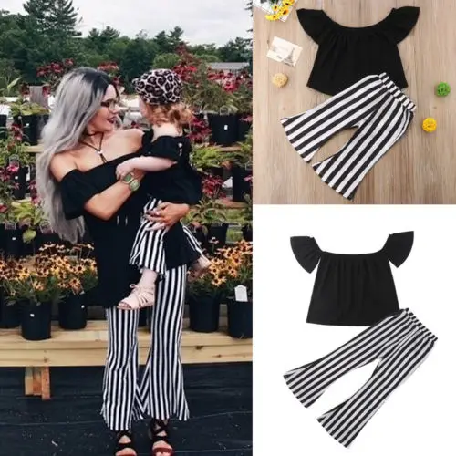 

Women's Mother Daughter Kids Girl Family Matching Ruffles Striped Clothes Outfits Girls Party Clothes Sets