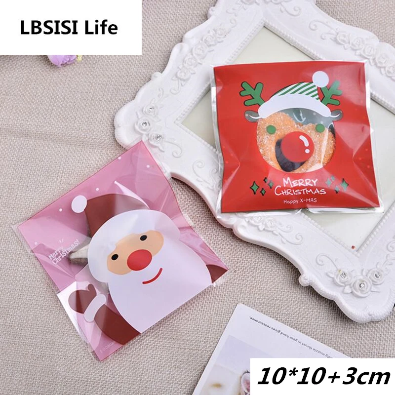 

100pcs Pink Red Santa Claus Elk Christmas Dot Snowman Plastic Chocolate Candy Bean Jewelry Cookie Packaging Party Gift Bags