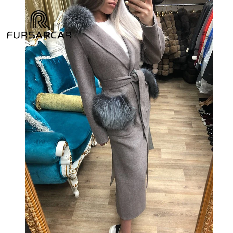 FURSARCAR Real Fur Coat Women Winter Luxury Woolen Skin Fur Coat With Silver Fox Fur Collar 120 CM Long Whole Skin Fur Coat