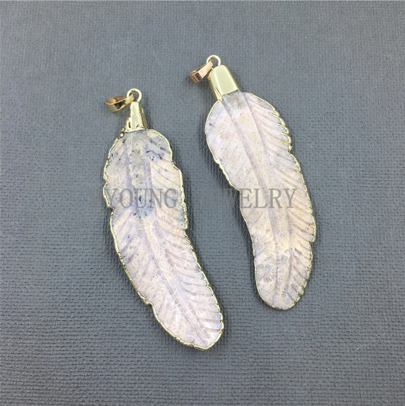 MY0987 Natural Carved Chrysanthemum Stone Feather Shape Pendant Gold Color  Leaf Pendant Charm (1)