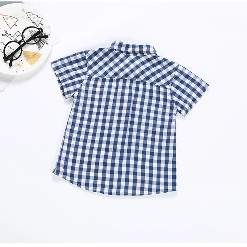 Новая Детская Повседневная Блузка с короткими рукавами для мальчиков, летние клетчатые топы с рисунком, футболки, рубашки