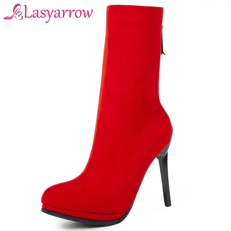 

Lasyarrow Motorcycle Boots Black Red Big Size 33-43 Platform Shoes Stiletto Botas Femininos Zapatos Mujer Sexy Slim Half Boots