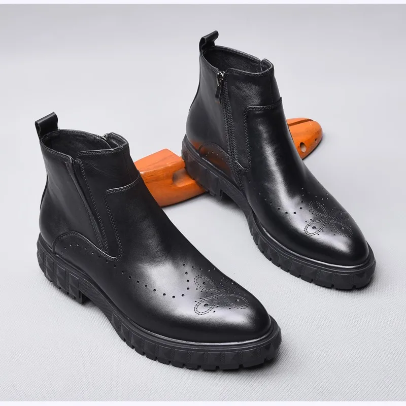 De Genuino Invierno Gruesa Zapatos Black Cuero La Negro Punta Plataforma Lujo Martin Tobillo Británico Hombres Tallado Los Brogue Botas 4wr4BfqEH