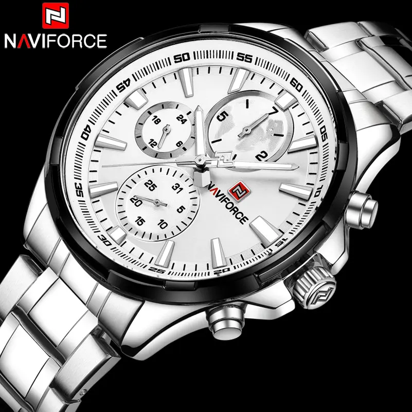 Мужские водонепроницаемые спортивные часы NAVIFORCE кварцевые из нержавеющей стали