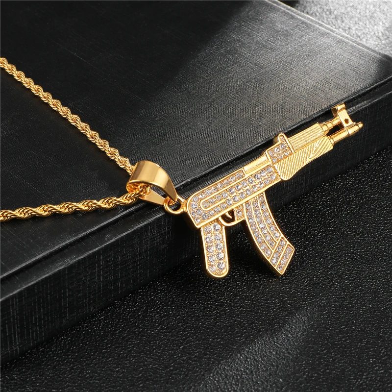 Хип хоп Iced Out полный горный хрусталь AK47 колье с кулонами в виде пистолетов и