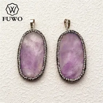 

FUWO Natural Amethysts Slice Pendant With Rhinestone Pave High Quality Crystal Quartz Boho Jewelry Accessories Wholesale PD1501