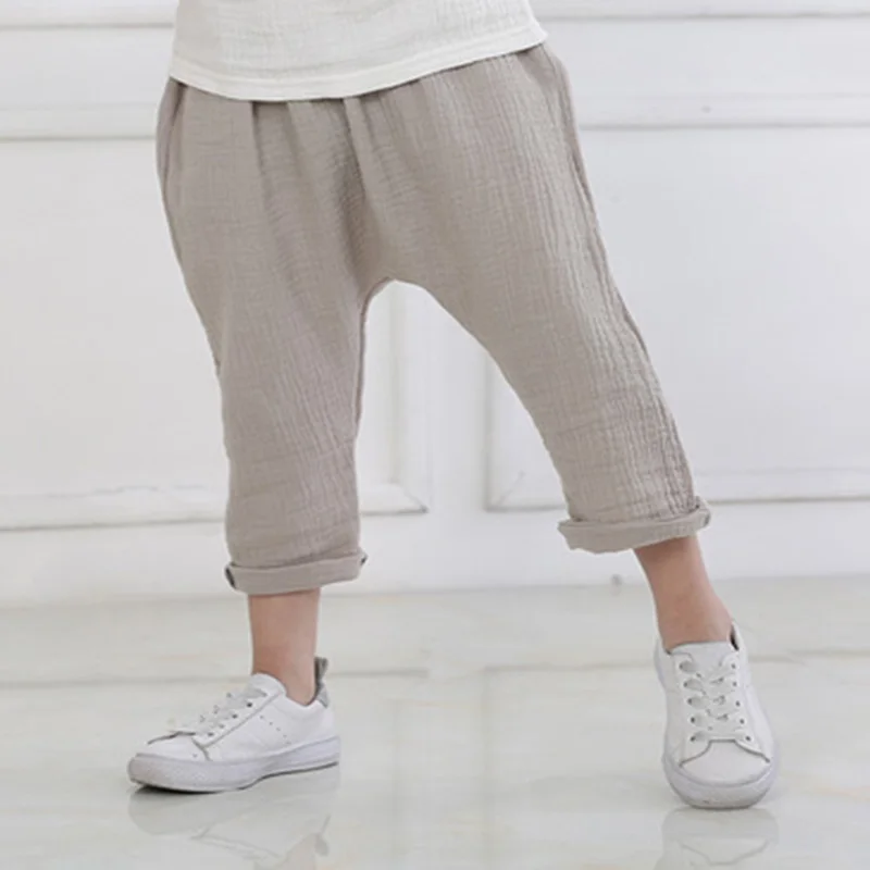 Коллекция года, детские летние однотонные льняные плиссированные брюки детские штаны длиной до щиколотки для маленьких мальчиков и девочек штаны-шаровары противомоскитные - Цвет: greysee sizechart