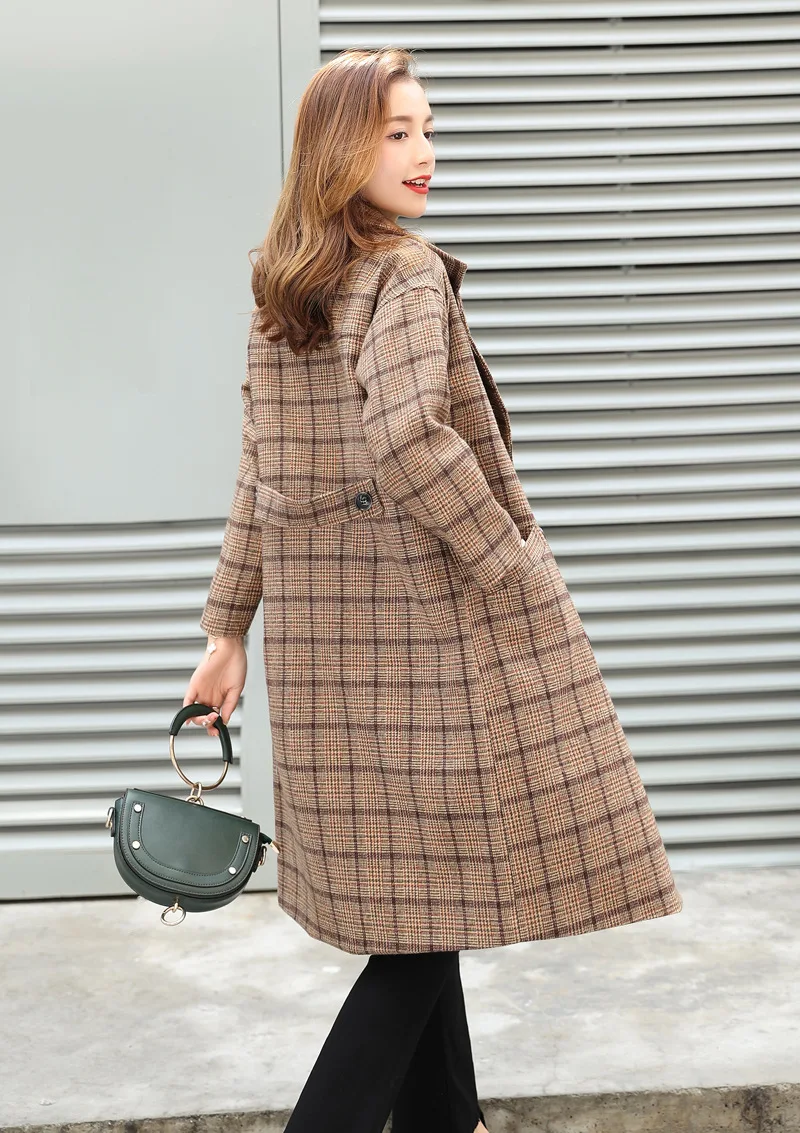 Coréenne 2018 khaki Manteau Ch446 Vintage Grille Longue Veste Double Plaid Manteaux D'hiver Dames green Laineux Gray Breasted Laine Nouveau Pardessus Épais Femmes 8w4wqC
