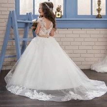 Платья для девочек на свадьбу Кружево аппликация короткий рукав Тюль Цветы бальное платье с бисером Sash Первое Причастие Платья