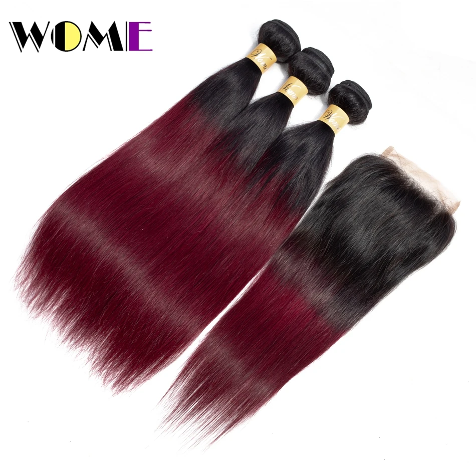 Wome Ombre Straight Bundles Human Hair Bundles With Closure Nonremy 1B/99j 3Pcs Brazilian Hair Weave Bundles With Closure Wome Ombre Straight Bundles Human Hair Bundles With Closure Nonremy 1B/99j 3Pcs Brazilian Hair Weave Bundles With Closure