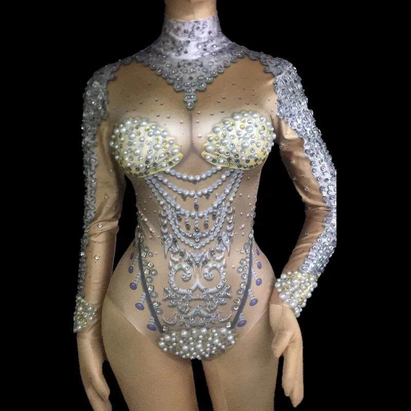 

Women's Outfit Birthday Celebrate Costume Women Nightclub Stage Pearl Costume Singers Bodysuit Sparkling Crystals Bodysuit Bling