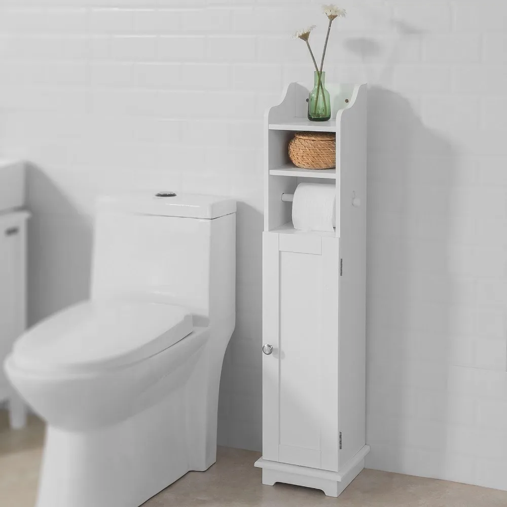 Free Standing Wooden White Toilet Paper Roll Holder Bathroom Storage Cabinet by Top Home Solutions