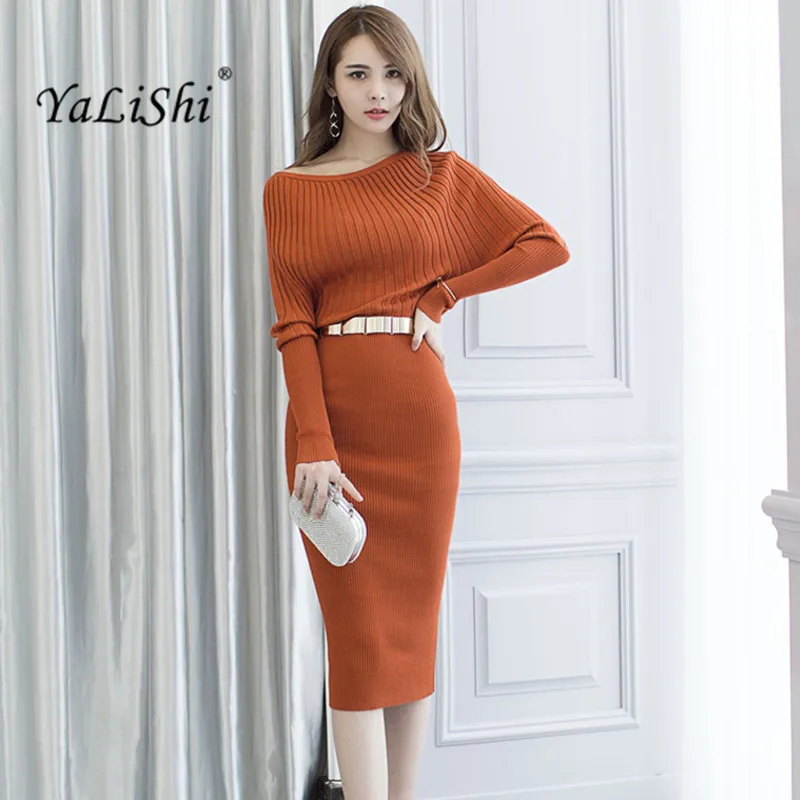 

2017 Autumn Women Dress Sashes Slash neck Batwing Sleeve Knitting Dress Sexy Party Slim Vintage Bandage Bodycon Dresses Vestidos