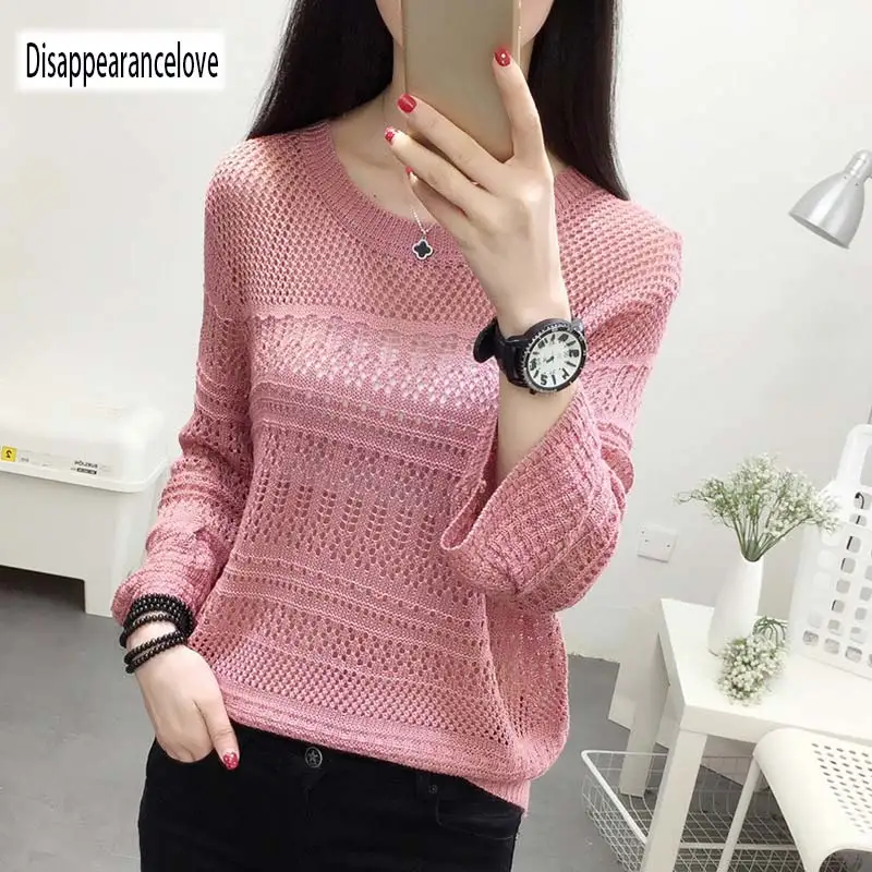 

2019 Autumn Female Knitwear Loose Thin Long Sleeves Women Sweaters Simple Fashion Hollow-out O-neck Knitted Sweater