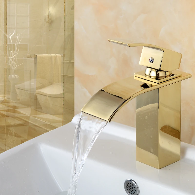 Горячая водопад кран для ванной комнаты на бортике латунный Смеситель для раковины горячей и холодной воды, золотой латунный Смеситель для ванной комнаты