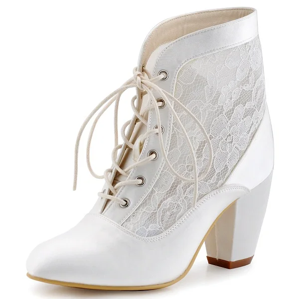 Женские зимние ботинки Свадебная обувь для невесты женские атласные туфли-лодочки на не сужающемся книзу массивном каблуке, на шнуровке, с острым носком, белого цвета и цвета слоновой кости; HC1528 - Цвет: Hollow Lace Ivory