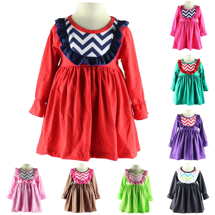 

Free shipping!Long Sleeve Cotton Baby Girl Ruffled Dress,kids solid color ruffled dress chevron bibs,Kids Autumn Winter Dress