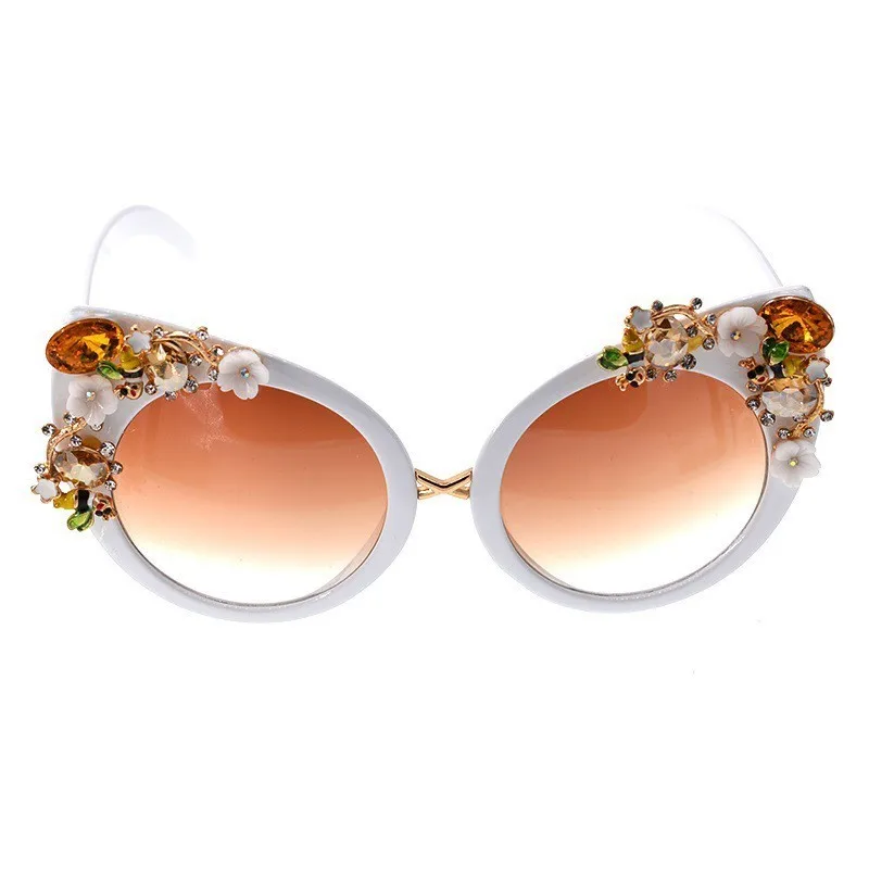 Кошачий глаз, алмазные солнцезащитные очки для женщин, фирменный дизайн, ручная работа, стразы, модные, в стиле барокко, солнцезащитные очки, цветок с жемчугом, винтажные очки - Цвет линз: C2