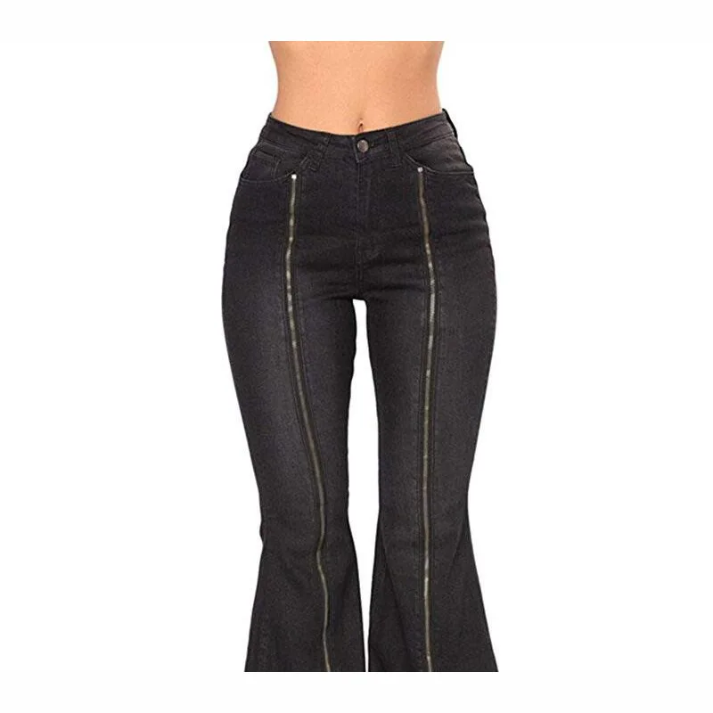 Idopy женские застёжки молнии черный расклешенные джинсы для женщин колокол джинсы с кроем для женщин 80 элегантные эластичные женские