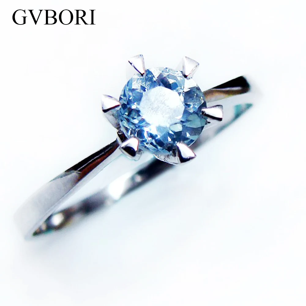 

6mm Blue Aquamarine Ring 925 Stering Silver Natural Gemstone Women VVS Engagement Party Round Ring gift Blue Ring Fine Jewelry