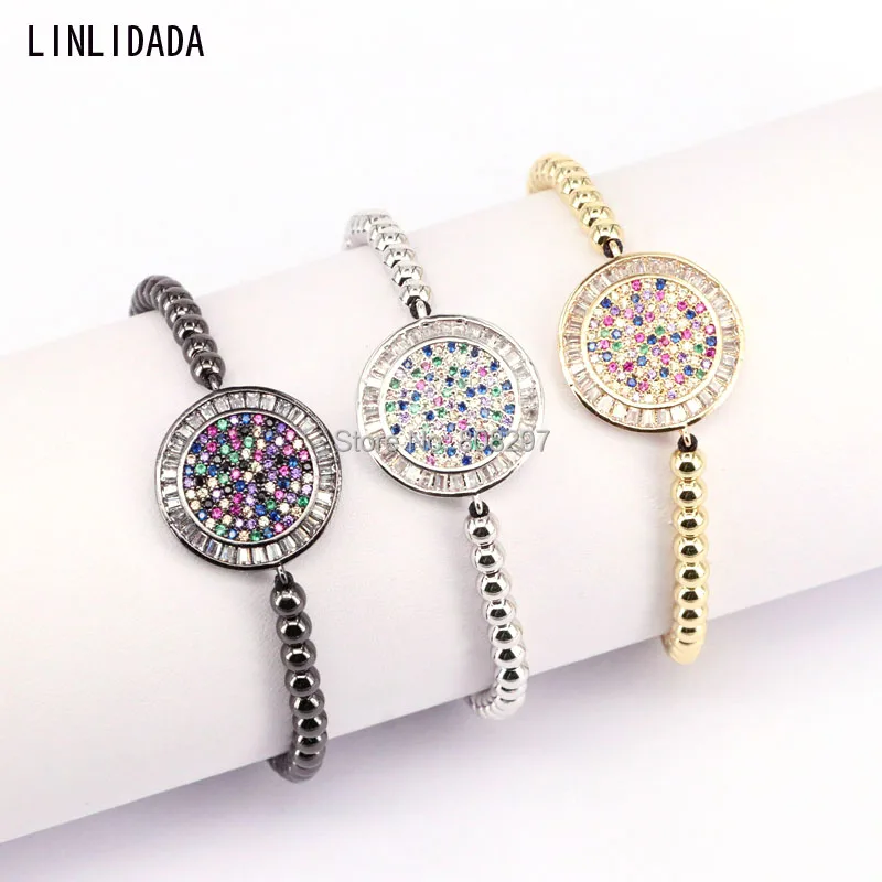 

10Pcs New Jewelry Fashion Pave CZ Round Bracelets 4mm Brass Beads Braided Macrame For Women Bracelet