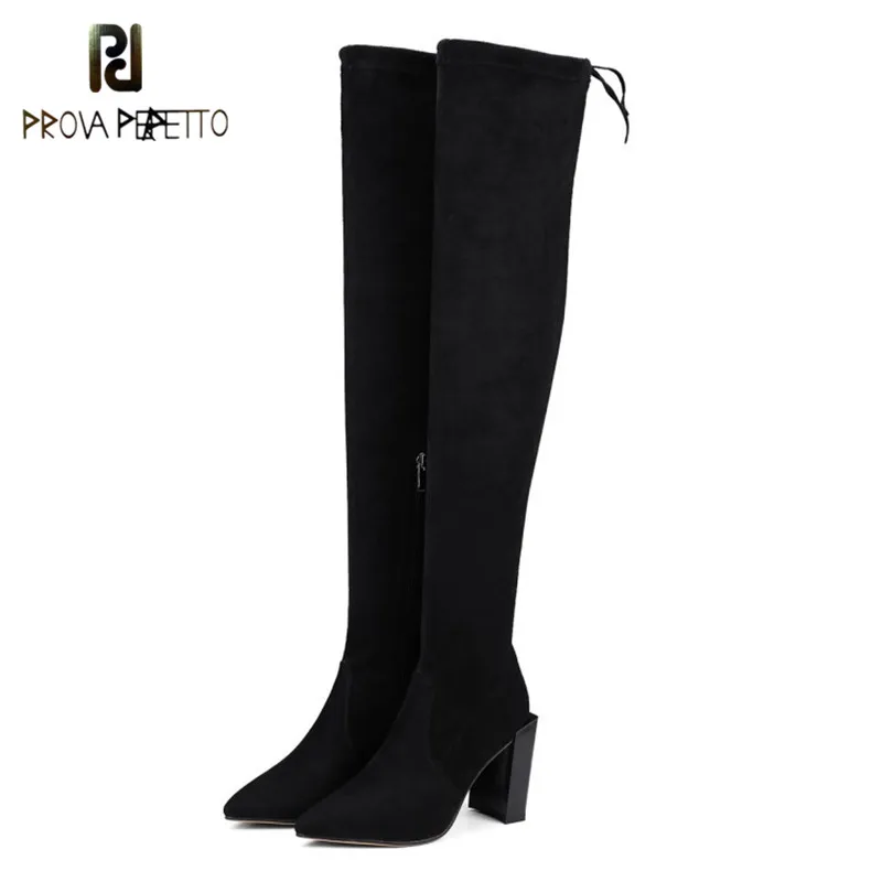 

Prova Perfetto Sexy Real Kid Suede Point Toe Super High Heel Women Martin Boot Solid Color Behind Lace-up Zipper Warm Long Boots