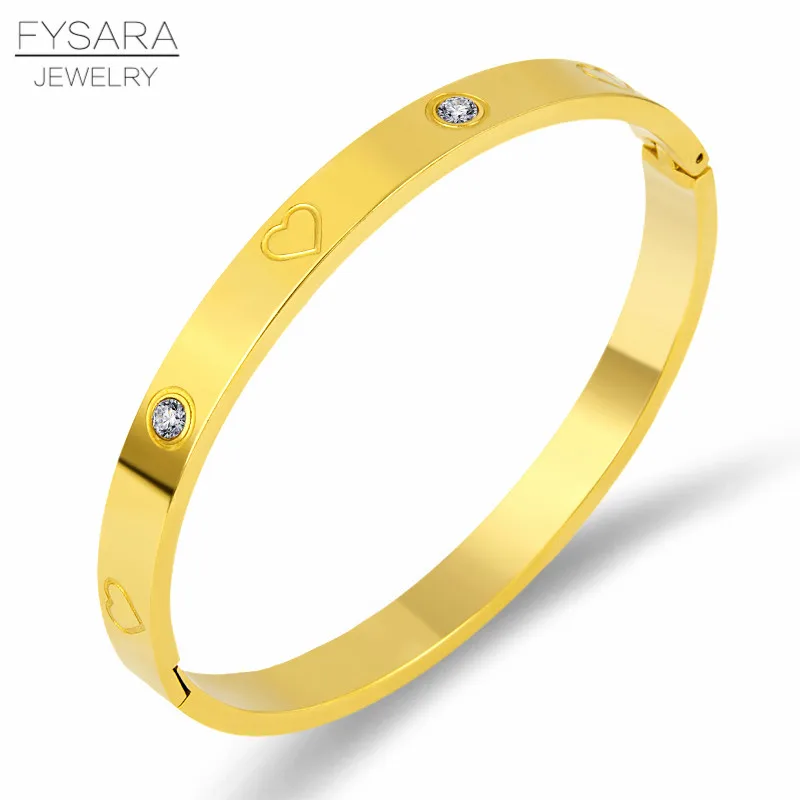 

FYSARA Luxury CZ Crystal Screw Heart Love Bangles For Women Lover Romantic Gold Bangles Stainless Steel Jewelry 2019 NEW